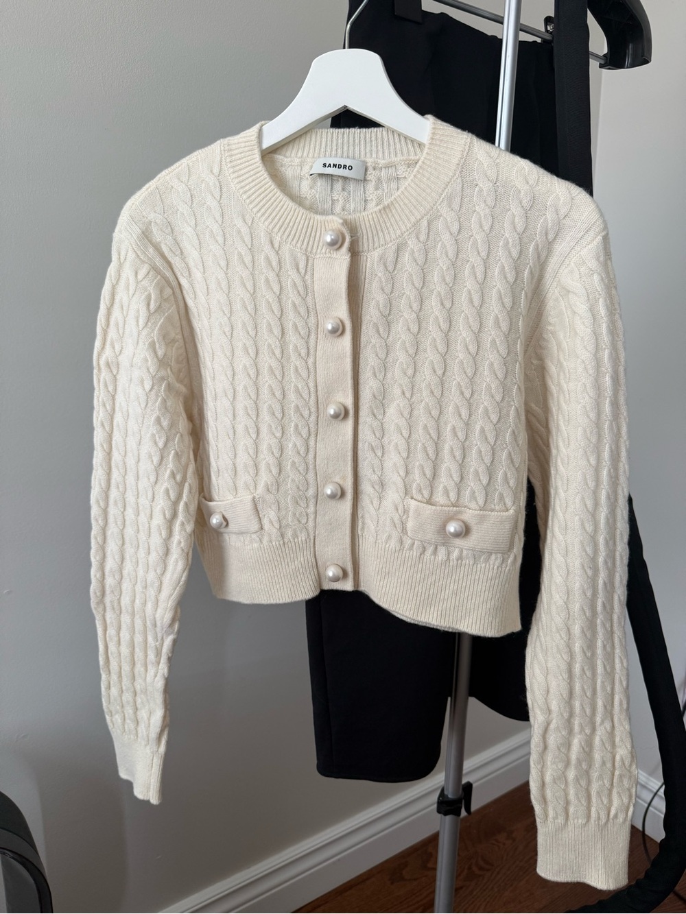 Sandro Paris Wool-Cashmere Cable Knit Pearl Button Cardigan, Size 3